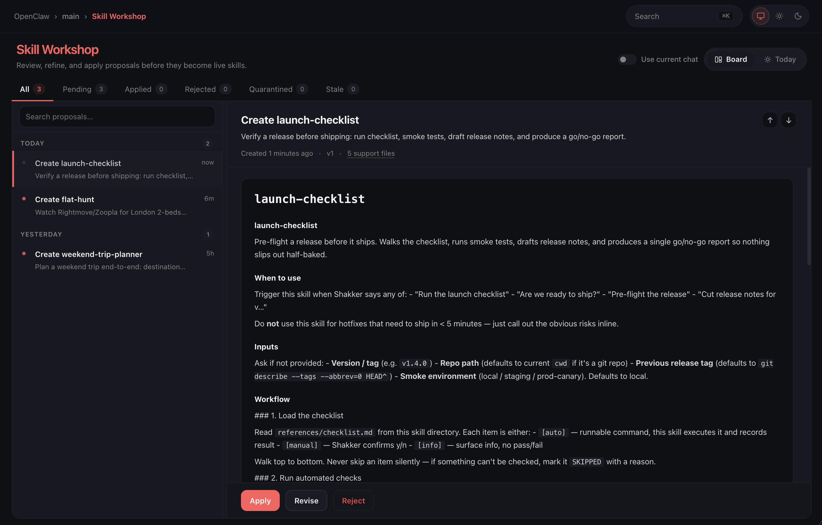 Skill Workshop Board view with proposal status tabs, a proposal list, a selected launch-checklist proposal, and Apply, Revise, and Reject actions.