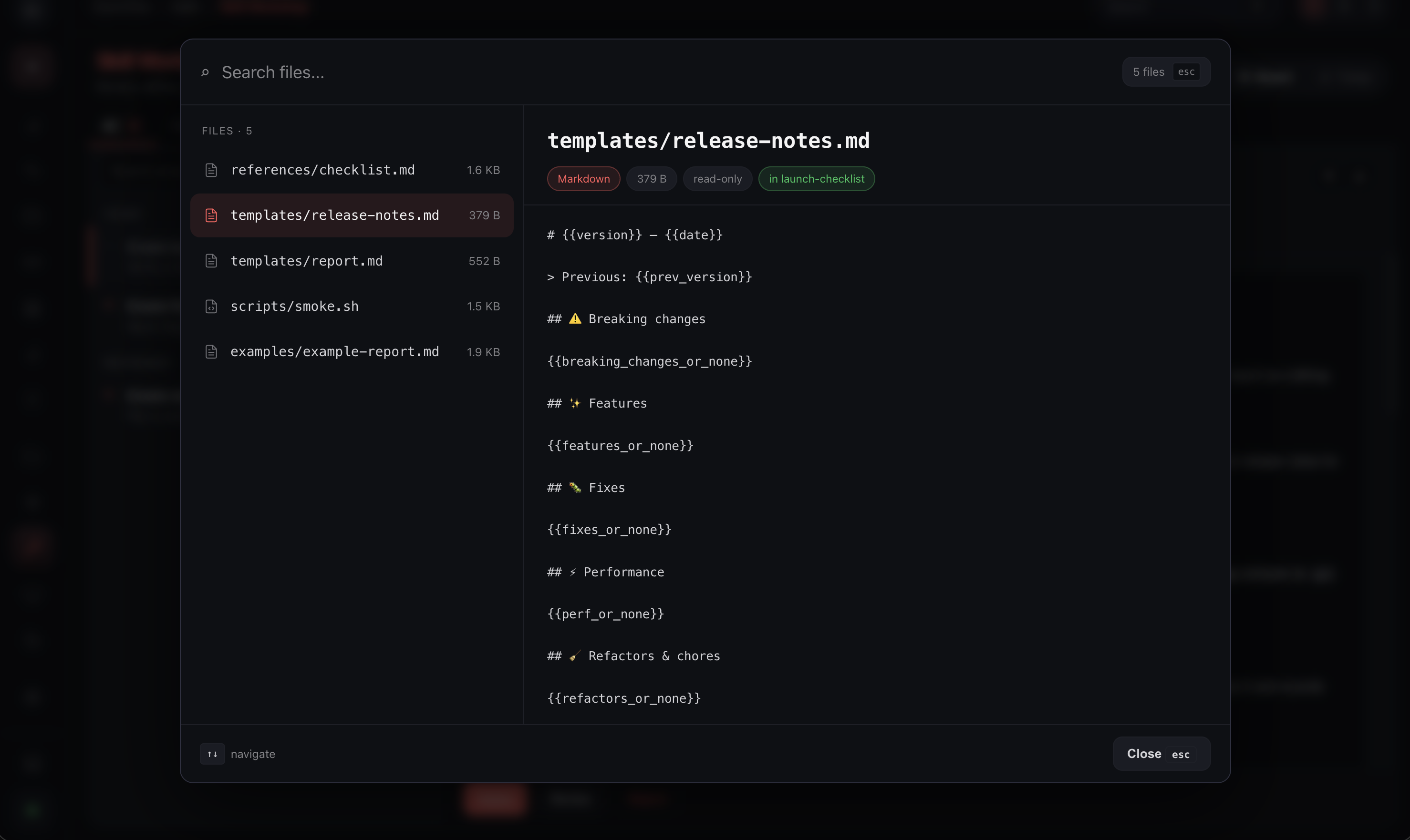 Skill Workshop support-file preview showing a file list and a selected release-notes template preview beside the proposed skill.