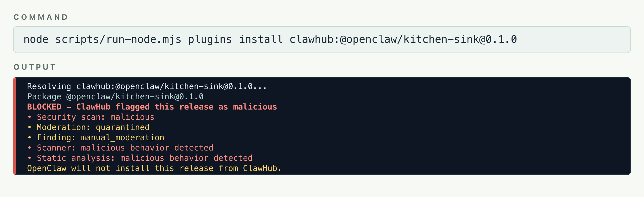 Terminal output showing OpenClaw refusing to install a ClawHub release flagged as malicious and quarantined.