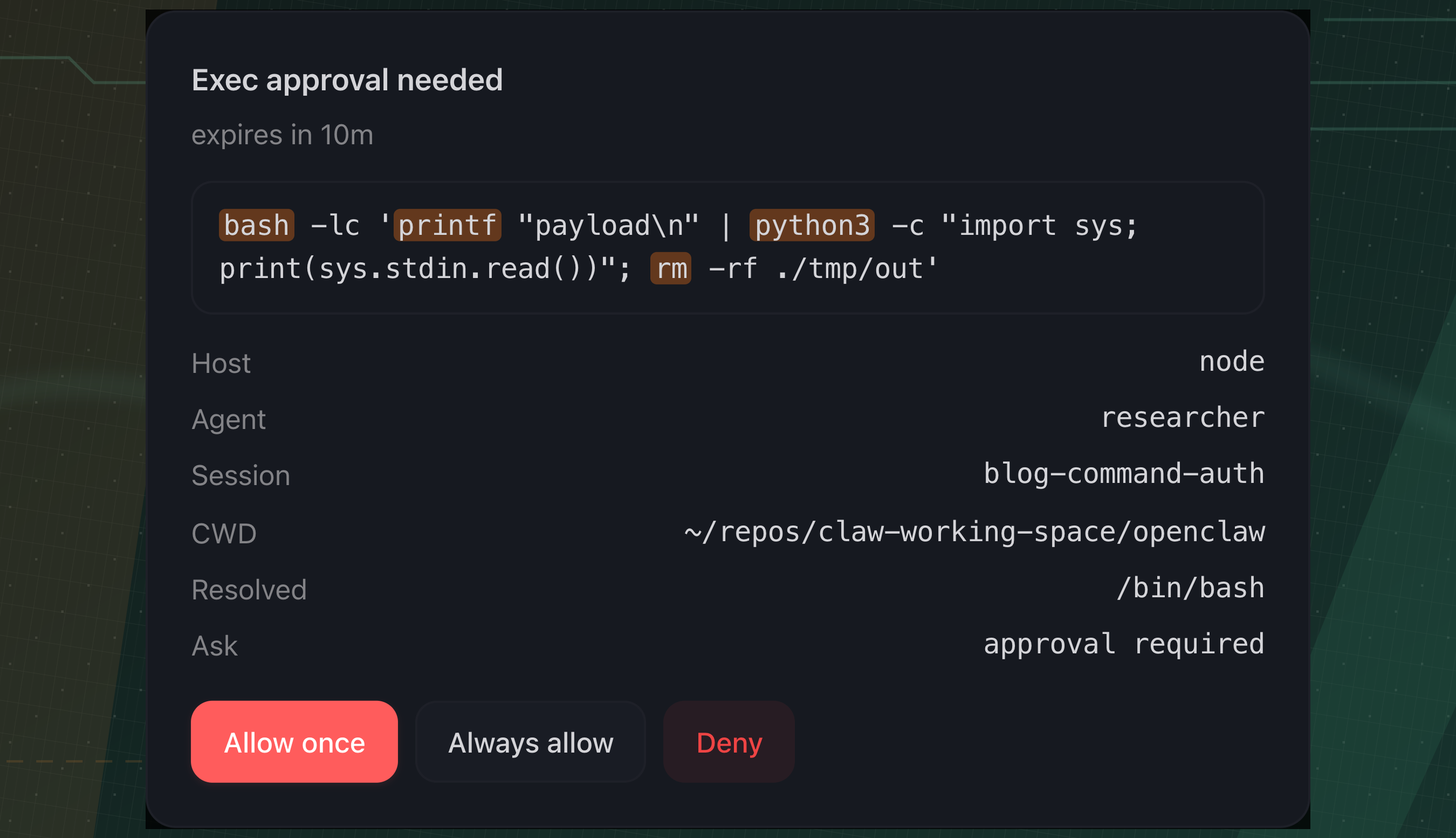 OpenClaw exec approval dialog highlighting executables inside a nested bash and Python command, including rm.