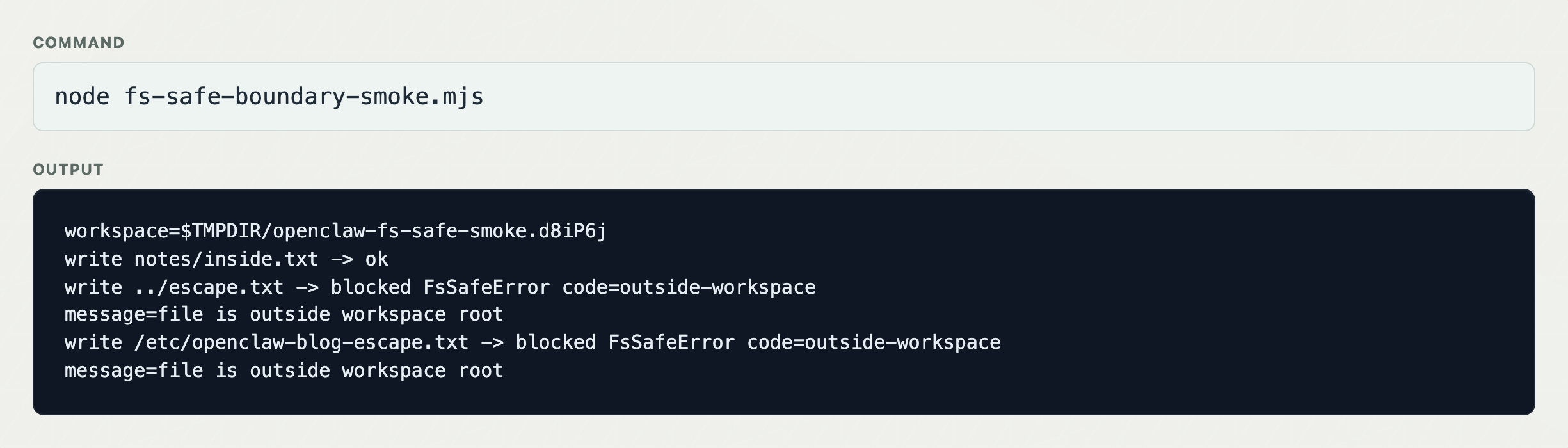 Terminal output showing fs-safe allowing an in-workspace write and blocking traversal and absolute-path writes with outside-workspace errors.